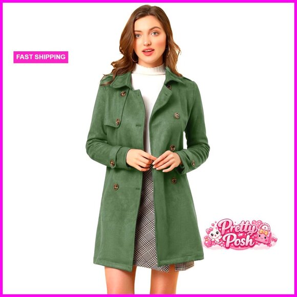 Jackets & Blazers - Faux Suede Trench Coat with Notched Lapel Double Breasted Belted Jacket